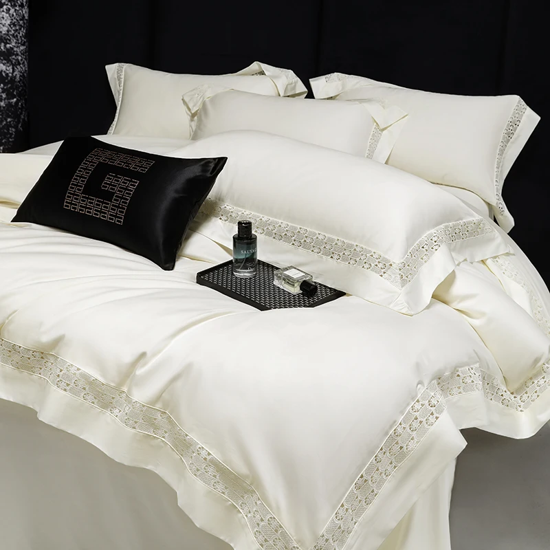 100S Egyptian Cotton Luxury Hotel Quality Bedding Set Cream White Lace Hollow Out Duvet Cover Flat/Fitted Bed Sheet Pillowcases