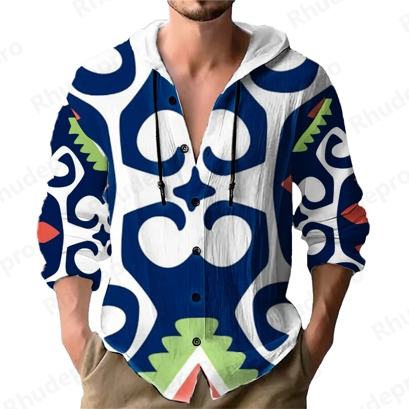 

2025 Мужская повседневная рубашка с длинными рукавами, кардиган на шнурке с капюшоном, модный и универсальный свободный кардиган в национальном стиле Camisas Para Hombres