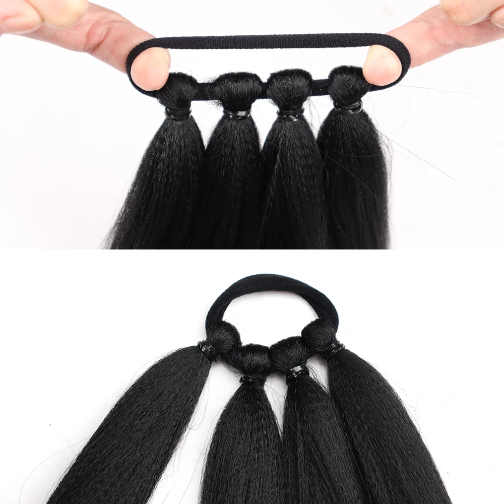 Synthetic Yaki Boxing Braid Ponytail Extensions Wrap Around Ponytail With Rubber Band 26 Inch DIY Ombre Black Brown Grey