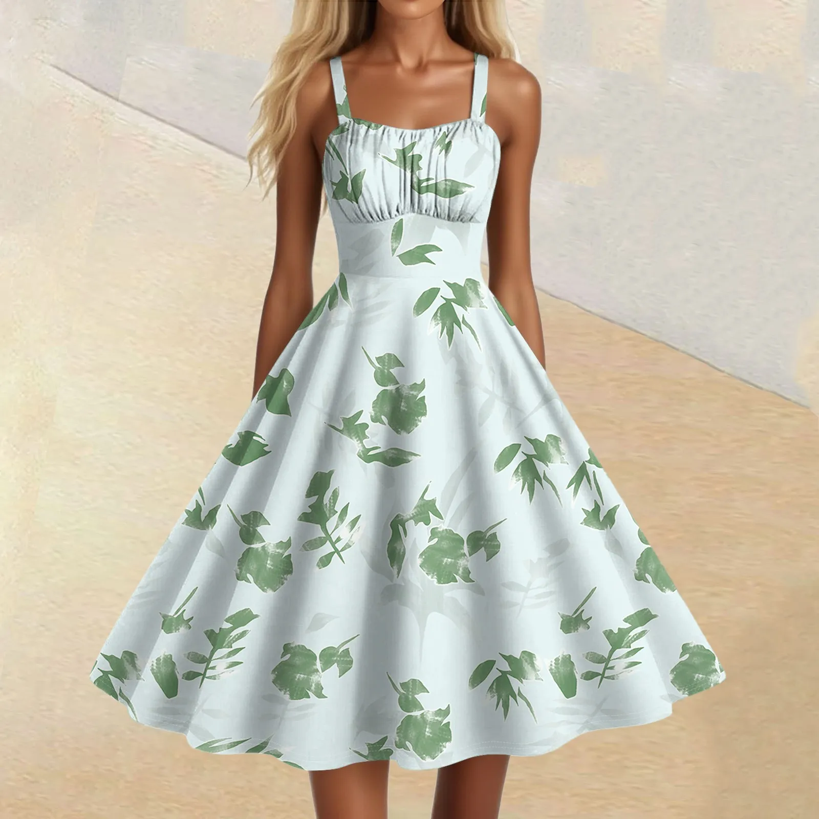 レディースヴィンテージノースリーブプリーツパッチワークキュートAラインヘム花柄プリントドレスワンピース レディース服 2025年夏