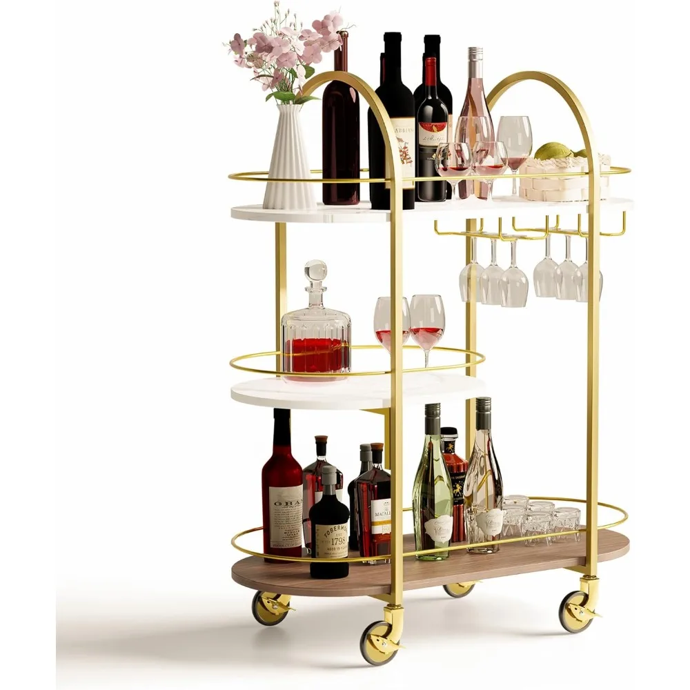 

3 Tier Home Bar Cart on Wheels, Mobile Serving Wine Cart with Glass Holder, Gold
