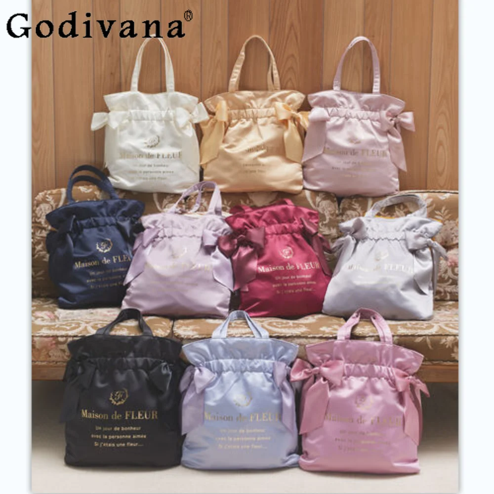 

Japanese Elastic Band Closed Double Bow Women's Tote Messenger Bags Casual Cute Shoulder Shopping Bag Handbag