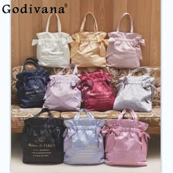 Japanese Elastic Band Closed Double Bow Women's Tote Messenger Bags Casual Cute Shoulder Shopping Bag Handbag