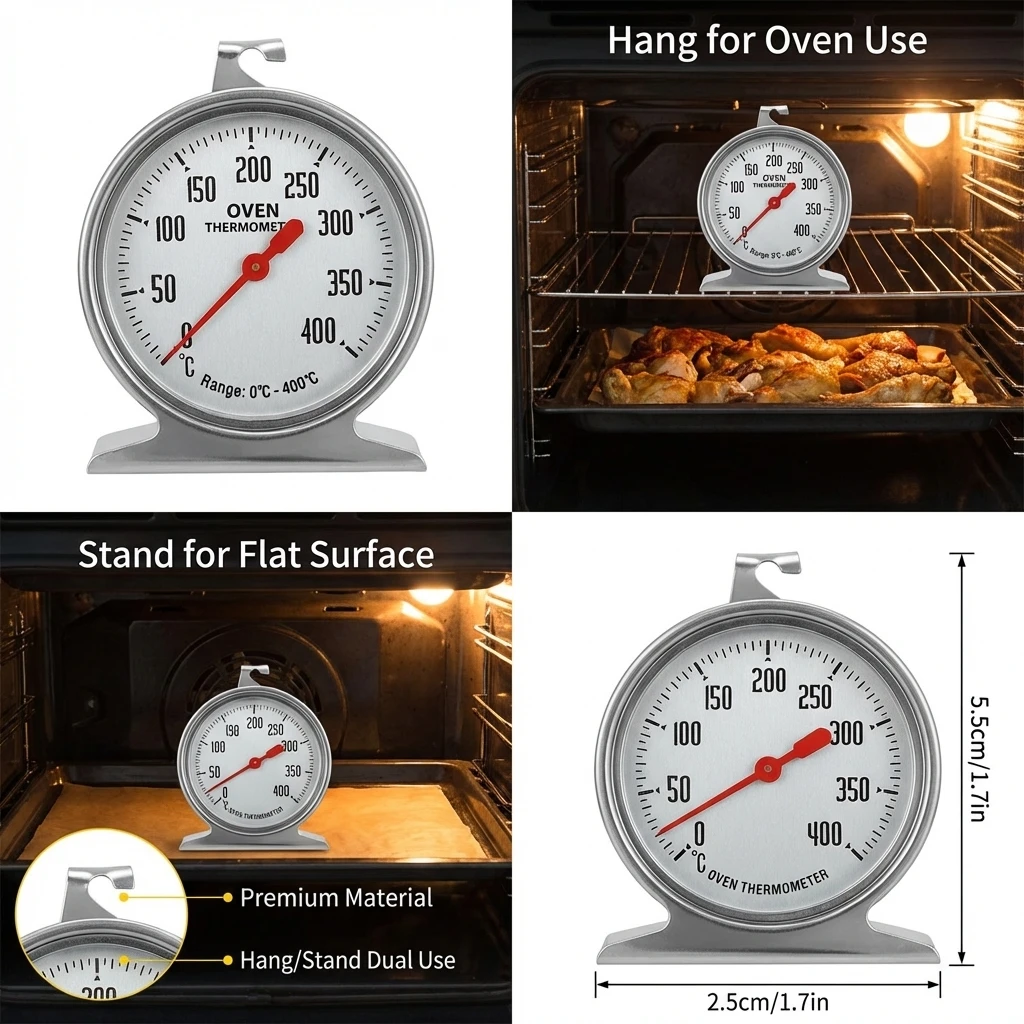 Edelstahl-Ofenthermometer 0-400 ° C Großes Zifferblatt – zum Aufhängen oder Aufstellen für Backen, Grillen, Kochen, Messen der Temperatur von Fleisch und Lebensmitteln – Detail 5