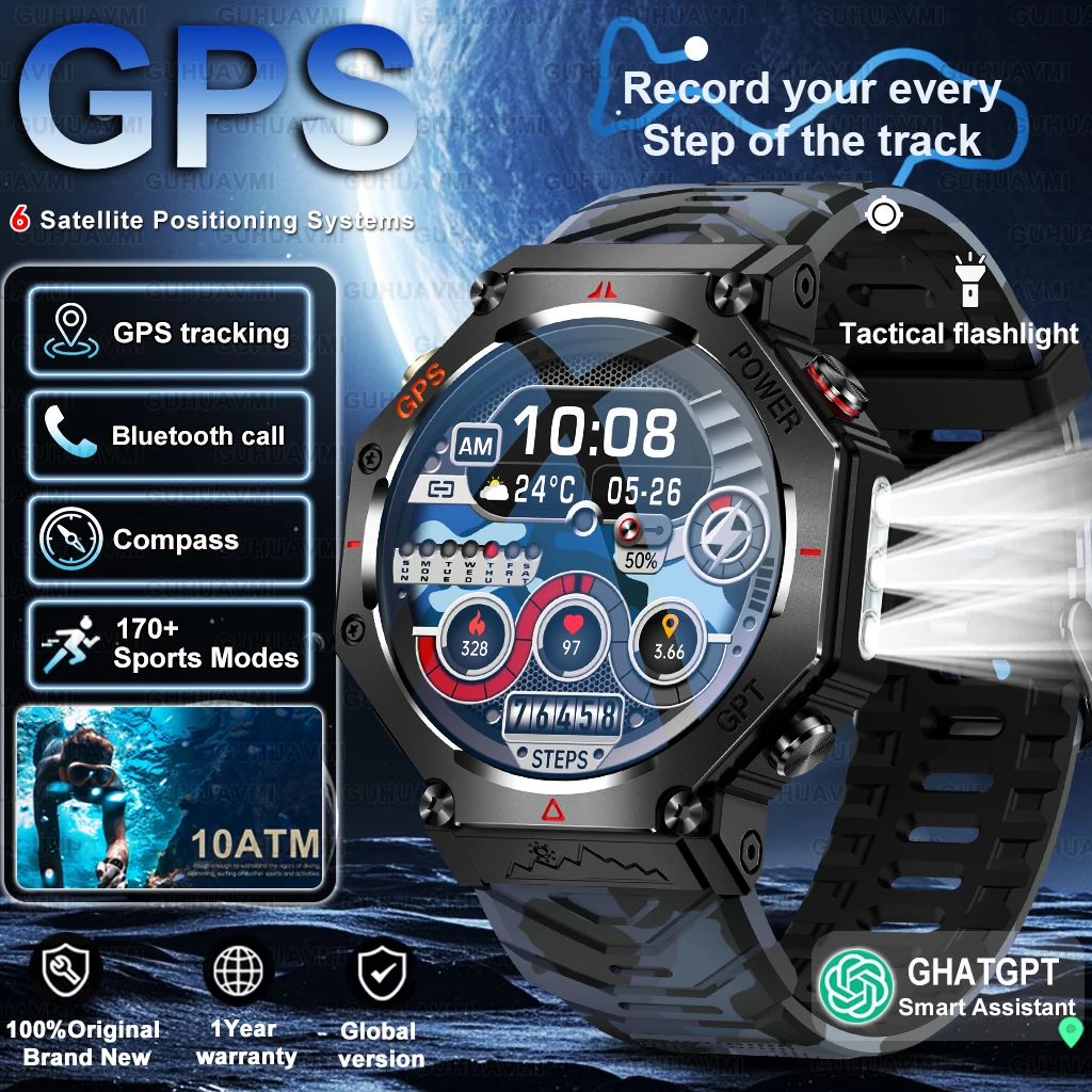 

Новинка 2025 года, T-Rex 3 Ultra, GPS, умные часы для мужчин, 10 АТМ, IP69K, водонепроницаемый тактический фонарик, компас, высотомер, мужской браслет