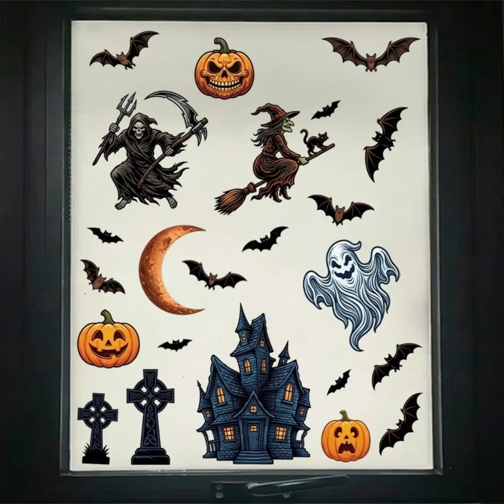 Halloween Static Glass Door Sticker Death Reaper Sickle Witch Black Cat Bat Ghost House Moon Pumpkin Halloween Decoration