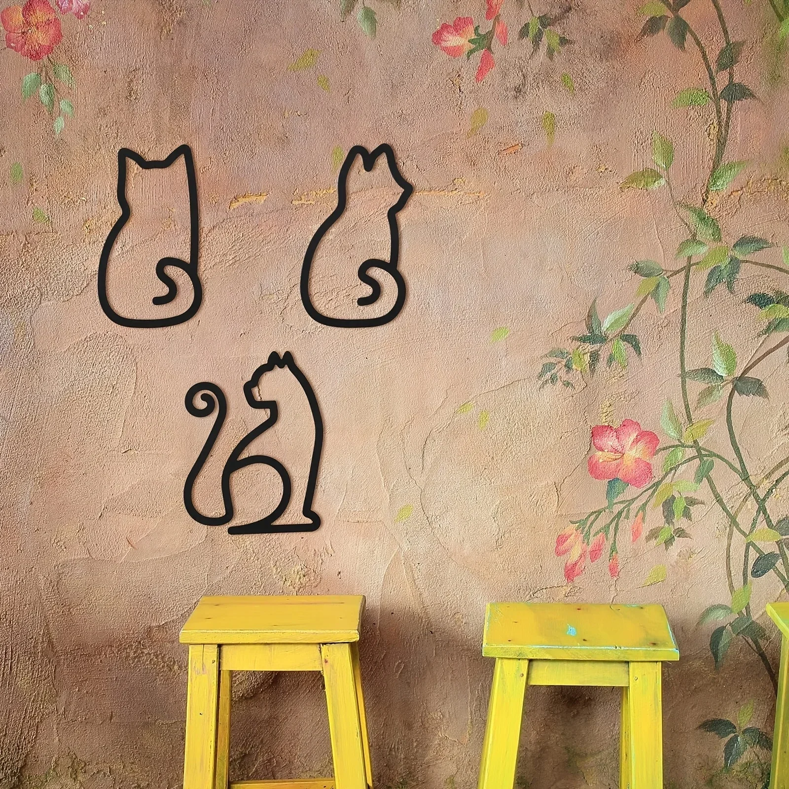 Silueta de gato de metal y hierro, diseño abstracto y minimalista, ideal para la decoración de paredes en el hogar moderno. Juego de 3 piezas de arte mural con motivos de gatos, de estilo minimalista.