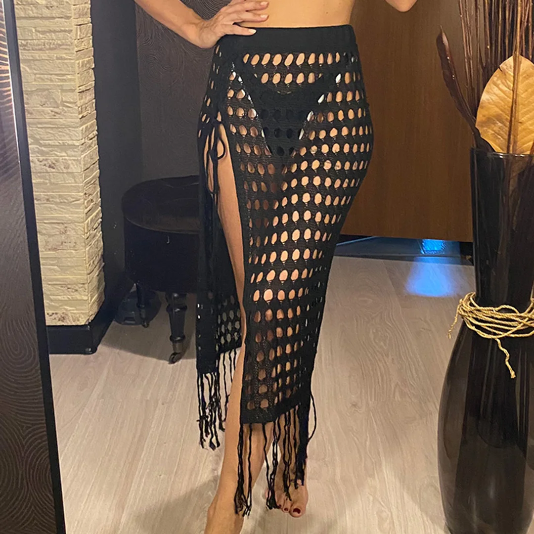 S - XL Neues, mit Fransen und Quasten versehenes, ausgehöhltes, gehäkeltes, gestricktes Tunika-Strandkleid, Strandkleid, Strandmode, Damenmode V5639 – Detail 4