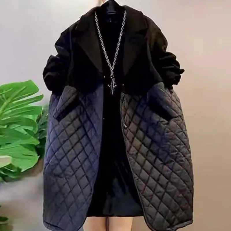 Fat Sister Inverno / Autunno Nuovo Cappotto trapuntato in lana trapuntata con diamanti da donna di grandi dimensioni in cappotto lungo in cotone con colletto a silhouette