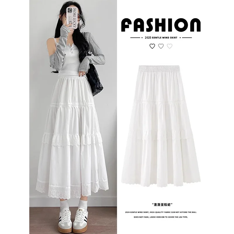 

White Lace Trim Cake Dress for Women, Spring/Summer Small SizeaFlared Umbrella Skirt Slimming Mid-Length Puffy Half Skirt