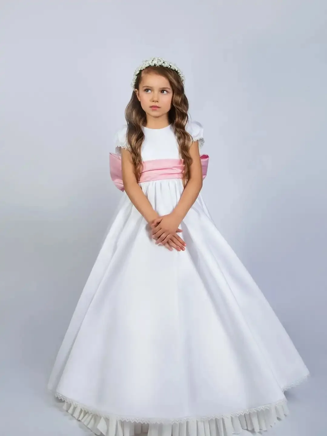 Abiti da ragazza di fiori per matrimonio con fiocco rosa maniche corte eleganti abiti da compleanno per bambina abiti da prima comunione personalizzati