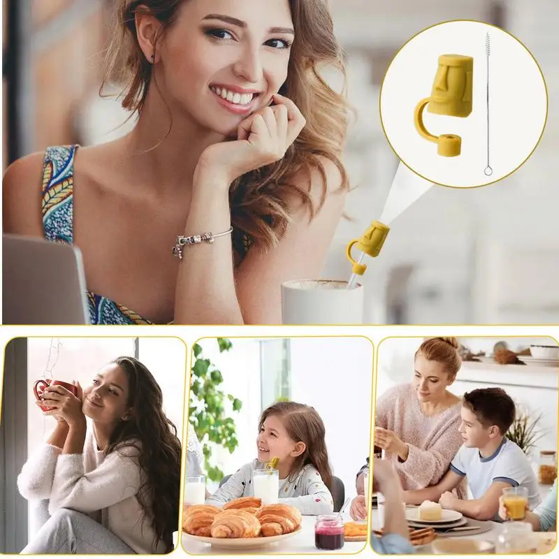 Siliconen Stro Bedekt Schattig Standbeeld Van Moai Herbruikbare Stro Tips Bedekken Universele Food Grade Melk Thee Stro Cup Accessoires