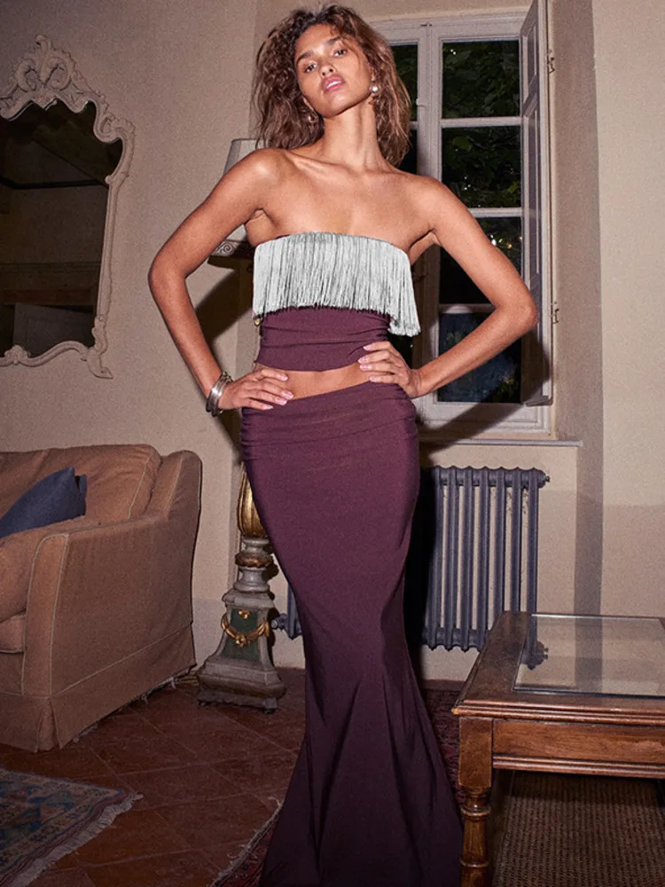 

NEW Patchwork Dress Set Women Tassel Crop Top and Maxi Skirt Matching Set Female Elegant Purple Strapless Two Piece Set