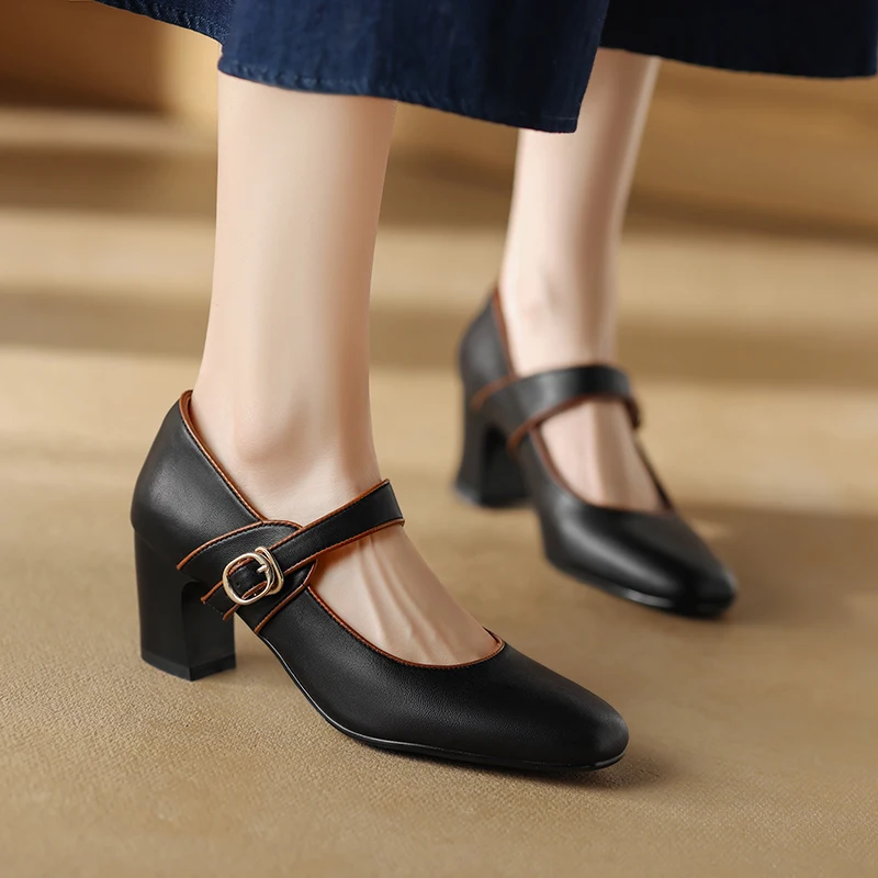 

2024 New Women High Heels Concise Elegant Square Toe Genuine Leather Mary Janes Shoes Woman Party Shoes Ladies Casual Comfort