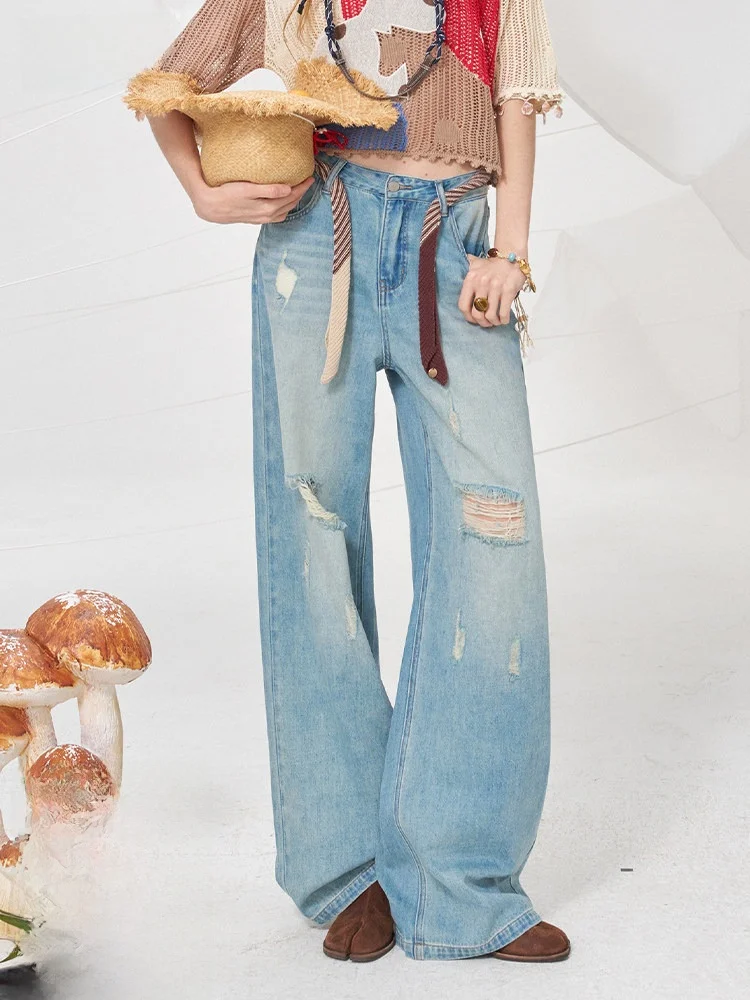 

Womens Loose Straight Leg Jeans Summer New Washed Hole Denim Pants Wide Leg Pants Casual Style Natural Waist Zipper Fly