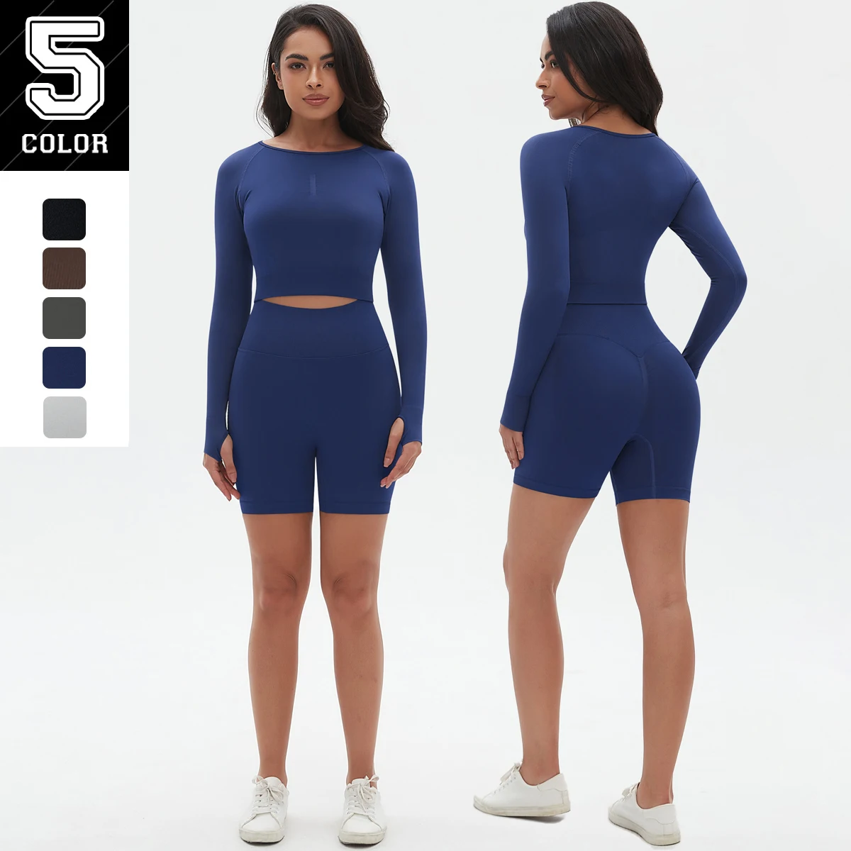 2PCS Seamless Solid Color Yoga Set for Woman Slim Casual Yoga Long Sleeved Workout Top Fitness Running Shorts Gym Sport Yoga Set