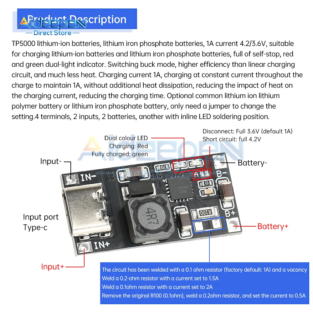 Módulo de cargador de litio tipo C TP5000 1A 4,5-9V a 4,2 V/3,6 V convertidor reductor ajustable indicadores LED protección contra sobrecalentamiento