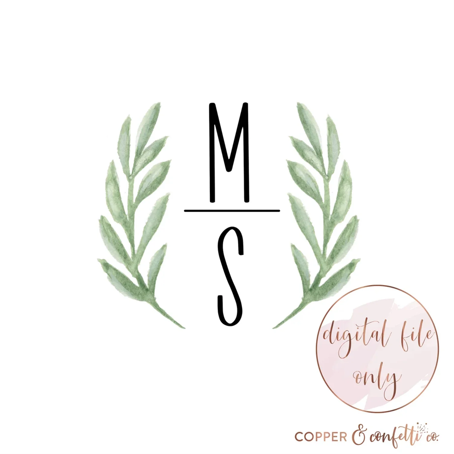 

50pcs Digital watercolor wedding wreath monogram, greenery wedding logo, personalized wedding logo, DIGITAL FILE ONLY