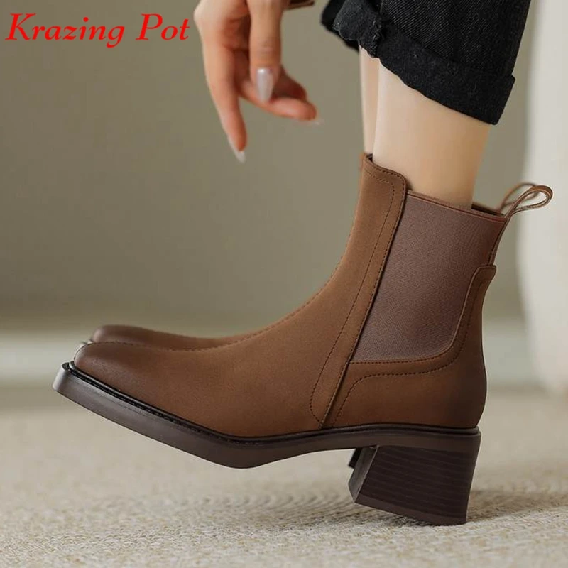 Krazing Pot Cow Leather Round Toe Thick Heel Winter Shoes Chelsea Boots Slip On Punk Style Rock Singer Thick Bottom Ankle Boots