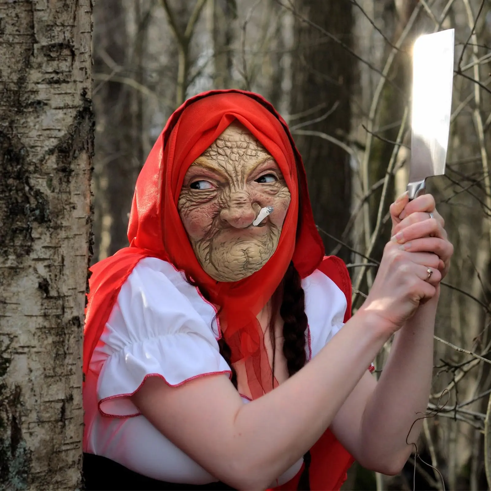 หน้ากากหญิงชรา หน้ากากฮาโลวีนสุดหลอน หน้ากากคุณยายควันบุหรี่ หน้ากากเหมือนจริง หน้ากากผู้หญิงชราหน้าริ้ว หน้ากากยางคลุมศีรษะสำหรับคอสเพลย์