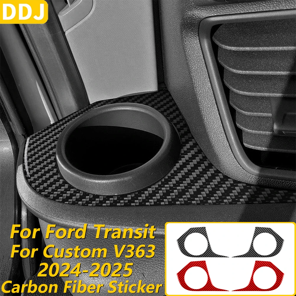 For Ford Transit Custom V363 2024 2025 Carbon Fiber Central Control Water Cup Holder Panel Cover Trim Car Accessories Sticker