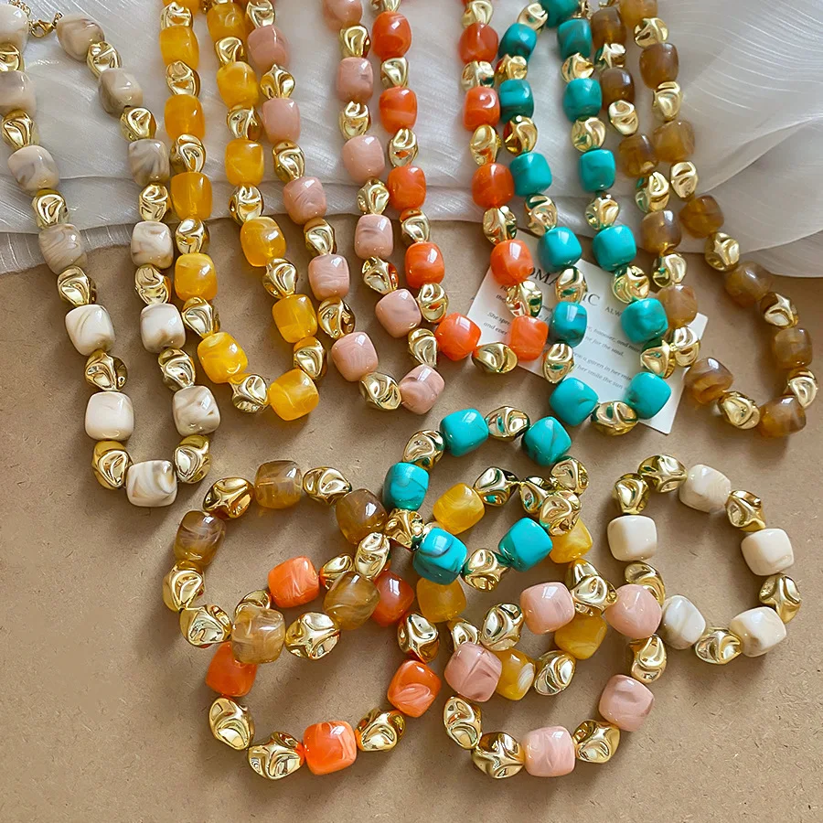 Trendy Bohemian Acrylic Ball Beads Choker Necklace Bracelet Set for Women Chunky Tube Necklaces 2025 Accessories Jewelry