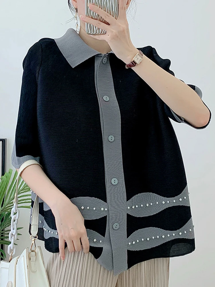 LANMREM Contrast Color Pleated Shirt Women Casual Lapel Half Sleeves Single Breasted Tops 2023 Fashion New Clothing 2AA1501