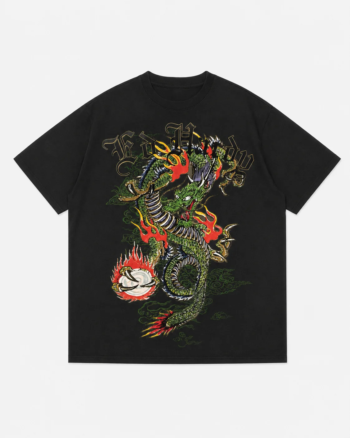 Ed Hardy Green Oriental Dragon Flame Pearl Cloud Print T Shirt Unisex Loose Oversized Harajuku Streetwear Cotton Summer Graphic