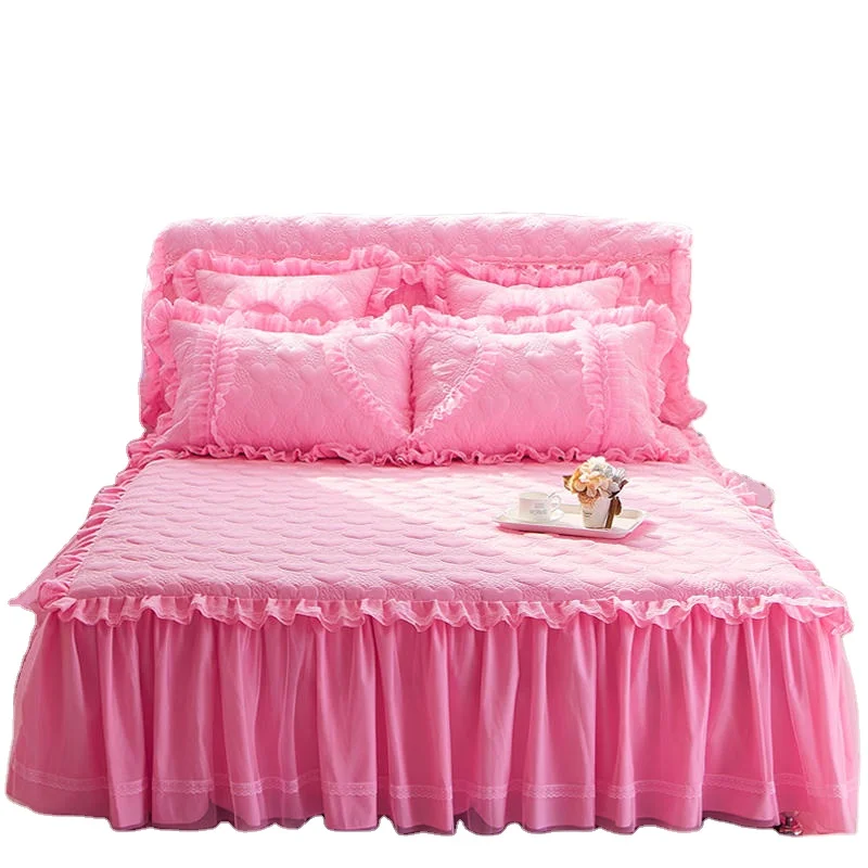 

American Style Romantic Two Layers Exquisite nature organic Cotton Pink Bed Skirt