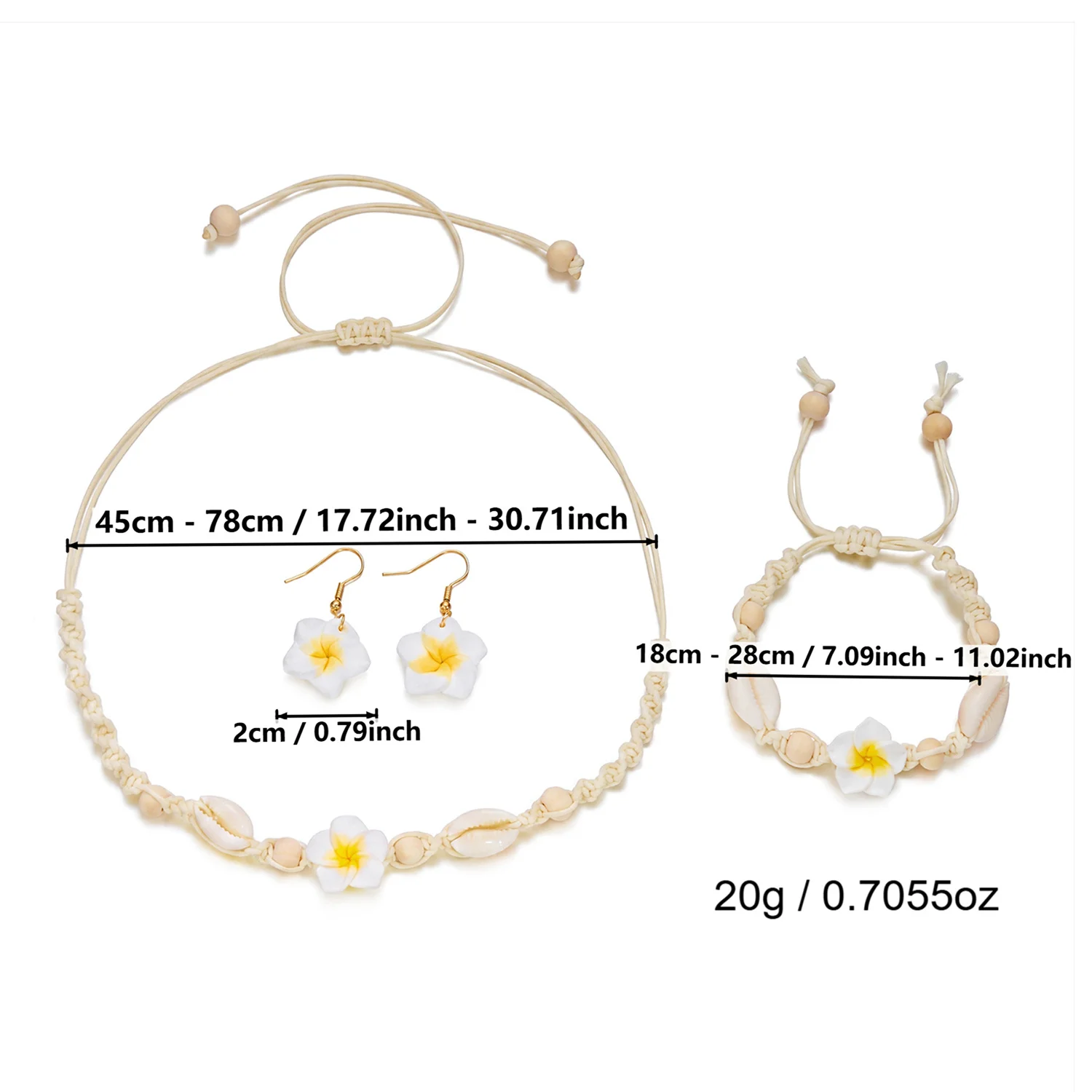 Böhmische Imitationsmuschel-Choker-Halskette für Damen, weicher Tonblumen-Anhänger, handgewebtes Seilarmband, Ohrring-Anhänger, Schmuckset – Detail 7