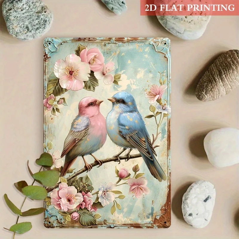 2D Flat One Piece 8x12 Inch Metal Sign featuring Vintage Pastel Birds and Pink Floral Art for Farmhouse Wall Decor