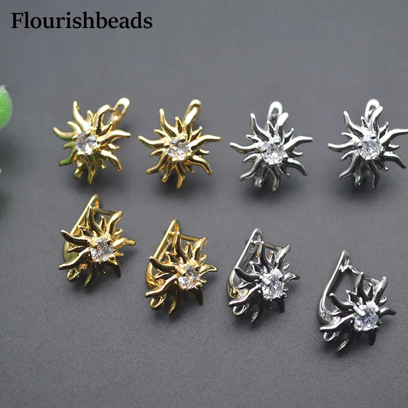 Metal Brass Real 18k Gold Plated Sun Flower Shape Earring Hook Clasps Paved CZ Beads Jewelry Findings 30pc/lot