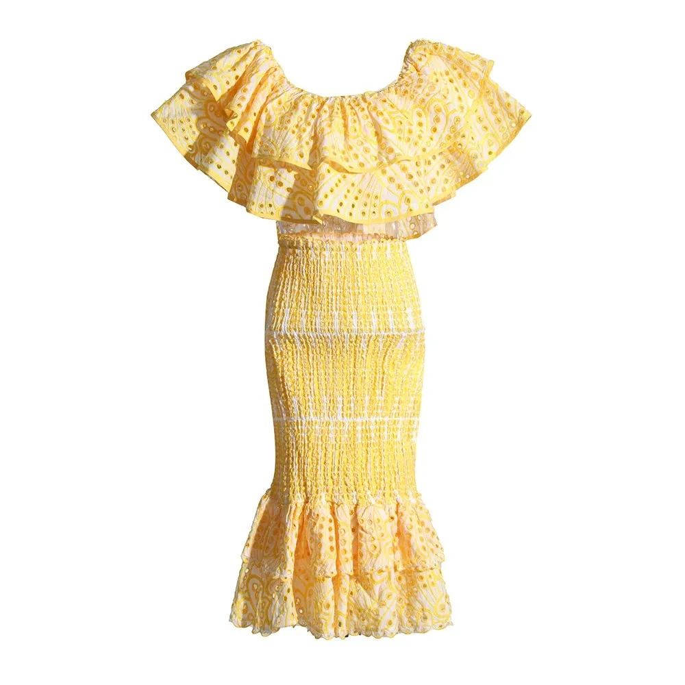 ONEINALL Hollow Out Two Piece Sets For Women Slash Neck Short Sleeve Backless Tops High Waist Long Skirts Slim Set Female Summer