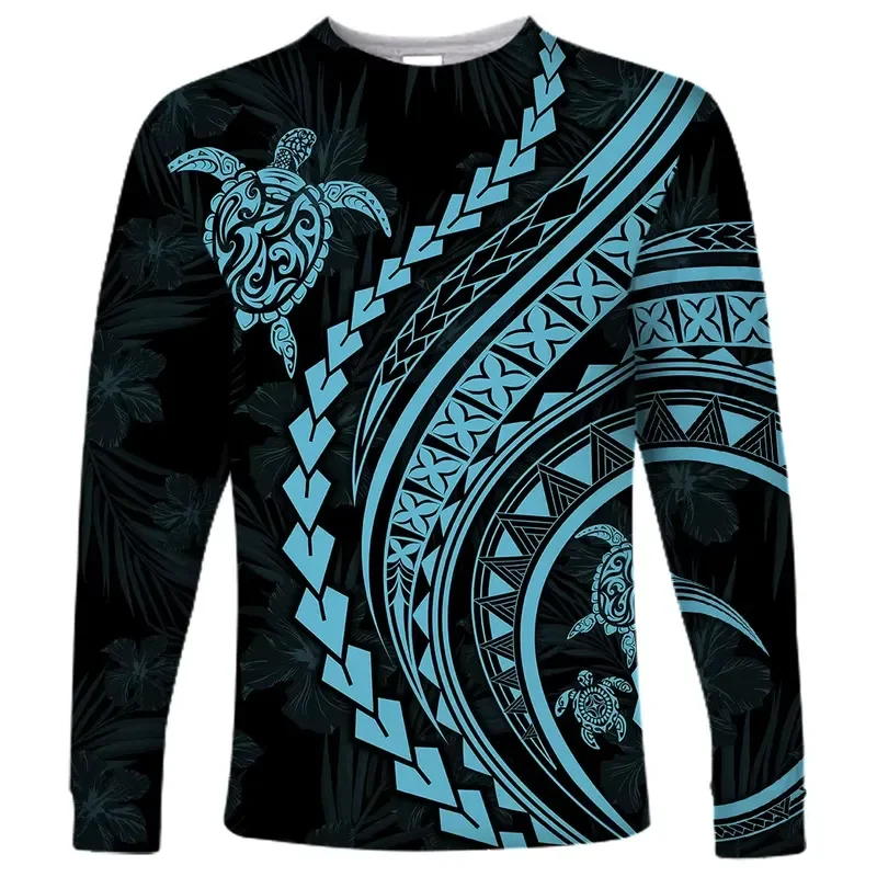 3D Long Sleeve 2026 New Men Polynesian Turtle Hibiscus Print T Shirt Luxury Casual Round Neck Autumn Tops Fashion Streetwear