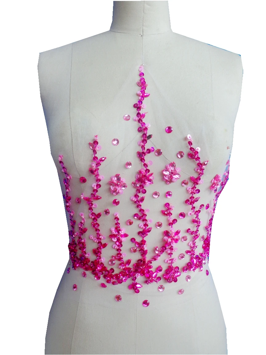 A59 Handmade rose red/pink colour  crystal  patches sew on trim  Rhinestones applique with stones sequins beads  32*32cm