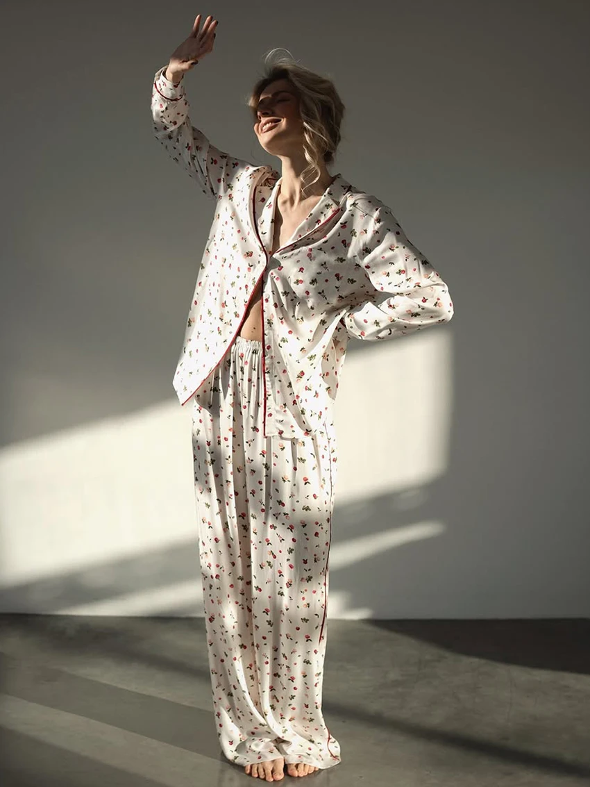 Marthaqiqi Casual Female Sleepwear 2 Piece Suit Turn-Down Collar Nightwear Long Sleeve Nightgowns Pants Loose Home Clothes Women