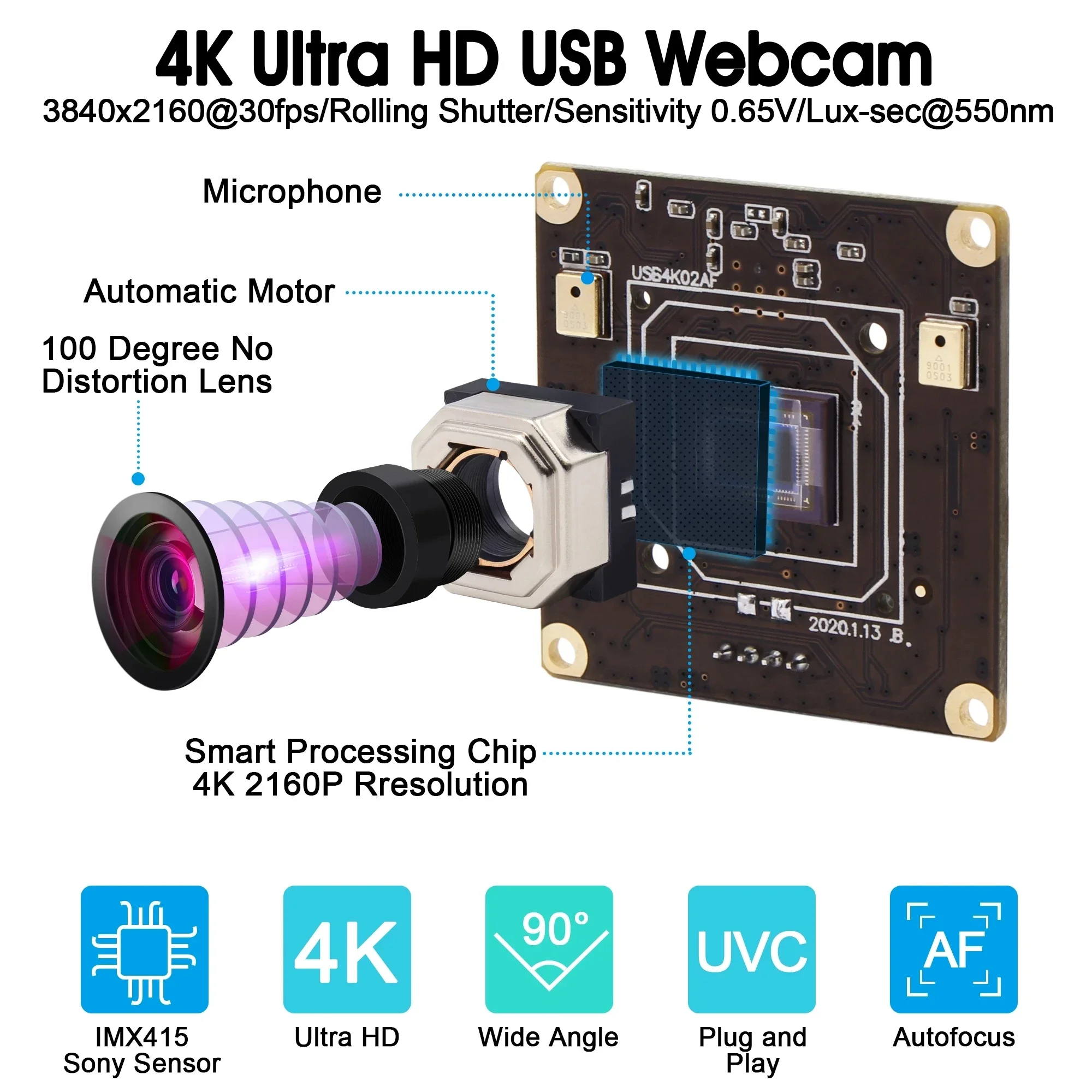ELP 4K التركيز التلقائي وحدة كاميرا بمنفذ USB 2160P CMOS IMX415 كاميرا ويب USB بزاوية واسعة مع عدسة تشويه 100 درجة لأمن المنزل