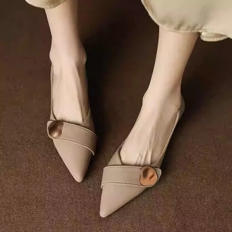 

Pointed Toe Low Heel Pumps for Women, New Metal Buckle Soft Leather Office Shoes, French Style Chunky Heel Work Flats