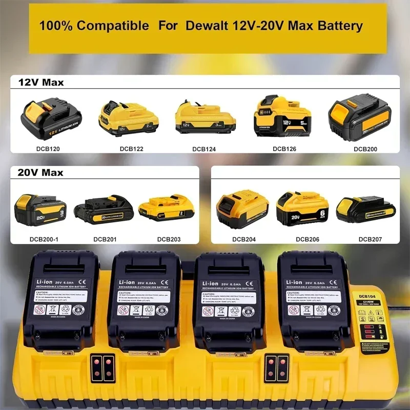 4 Port Li-Ion Battery Fast Charger For DEWALT 12V 14.4V 20V MAX Lithium Battery DCB104 DCB107 DCB115 DCB118 DCB119 DCB102 NEW