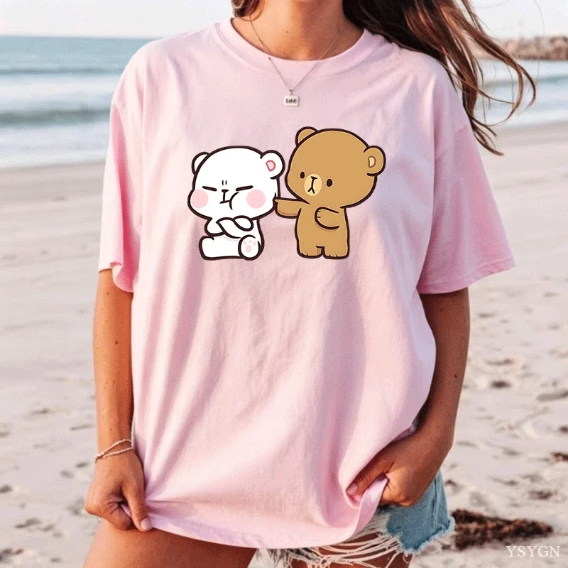 Womens Cute Cartoon Panda Bear Kiss Print Short Sleeve T Shirt Crew Neck White Oversized Tee Soft Loose Tops For Ladies Daily