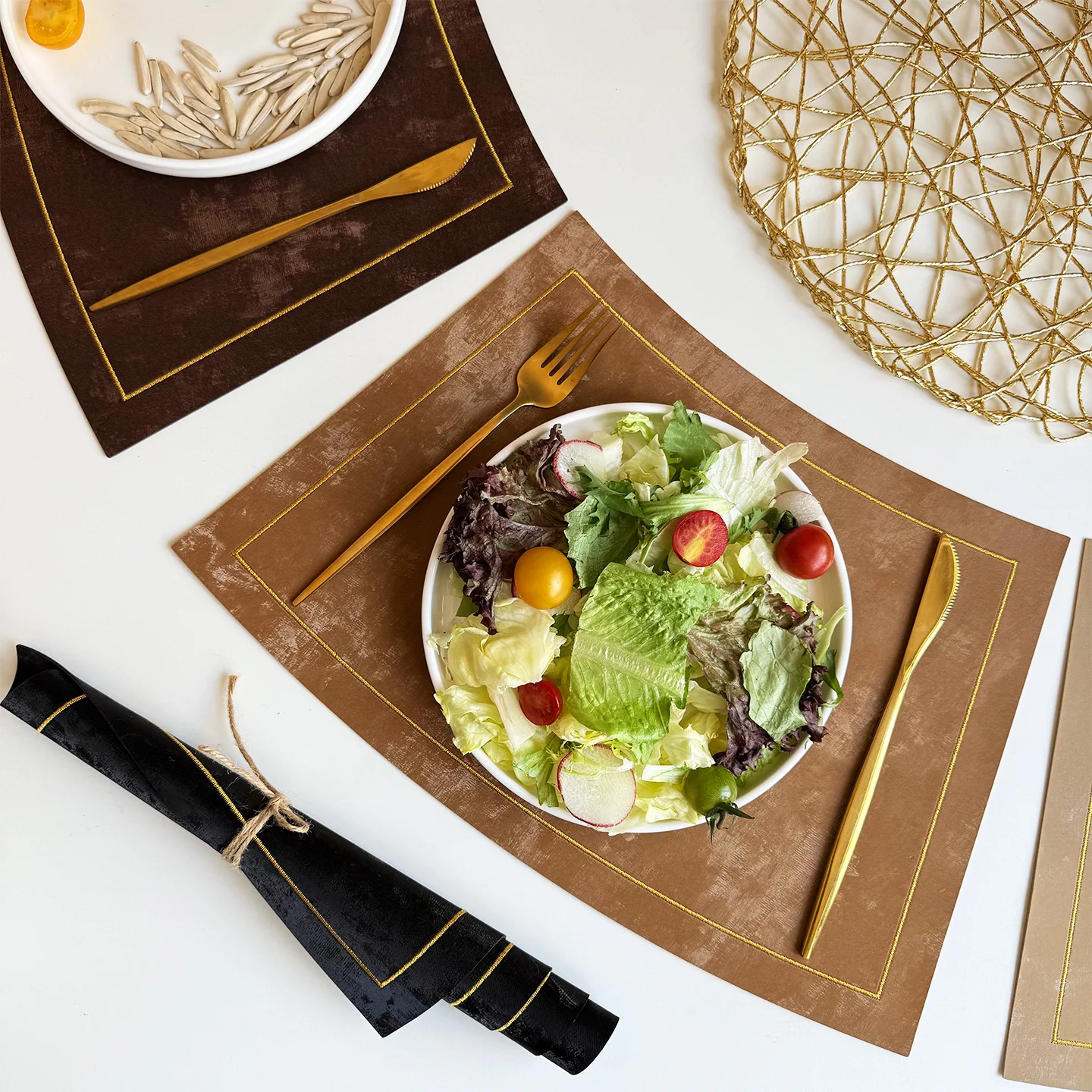 New Chinese Style Imitation Velvet Kitchen Dining Table Mat Fan-shaped Oil-Proof Waterproof Non-Slip Leather Tableware Place Mat
