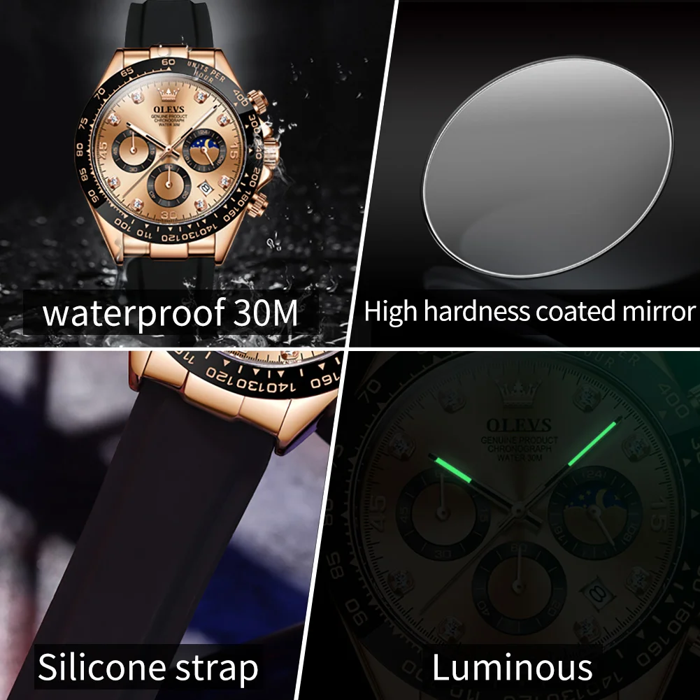 OLEVS Brand Watches for Men Chronograph Analog Quartz Watch Moon Phase Silicone Diamond Waterproof Luminous Quartz Wrist Watches