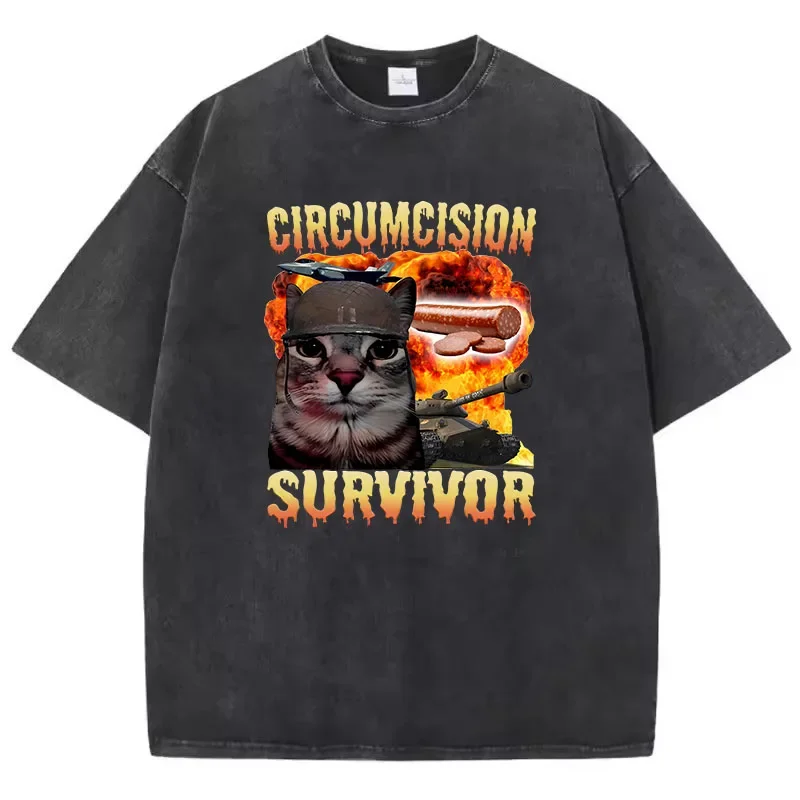 T Shirt Vintage Washed 100% Cotton T-Shirt Fashion Cat Graphic Tee Casual Streetwear Spring Summer Loose top tee