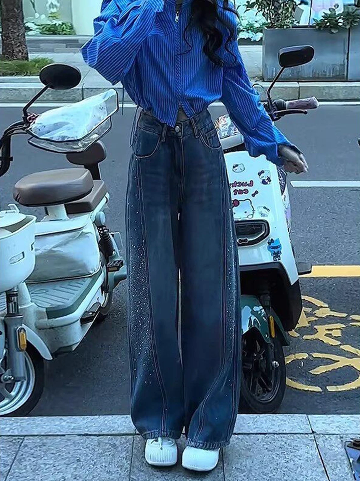 

Blue Rhinestone Embellied Wide Leg Jeans Women's Spring Season High Waist Loose Fit Fce Lined Knife Denim Pants