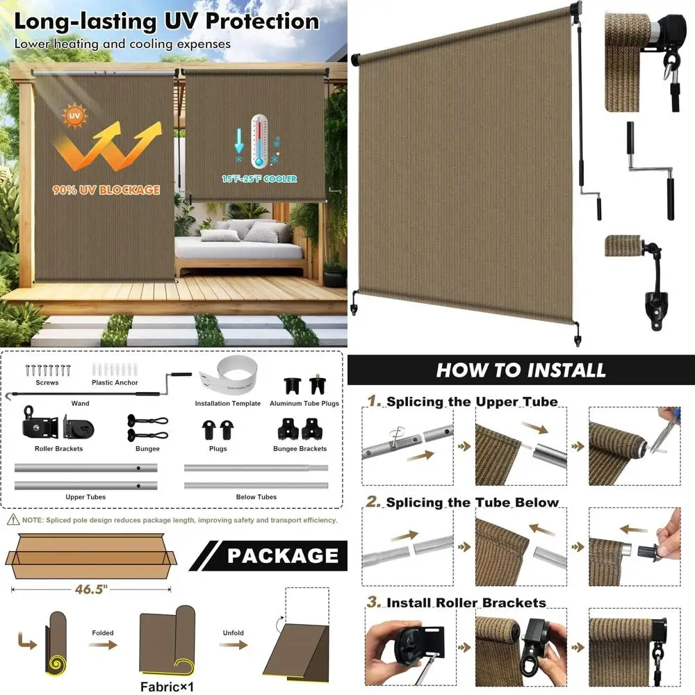 

7' Wide x 8' Tall Cordless Outdoor Walnut Roll-Up Patio Shade with Spliced Pole Design