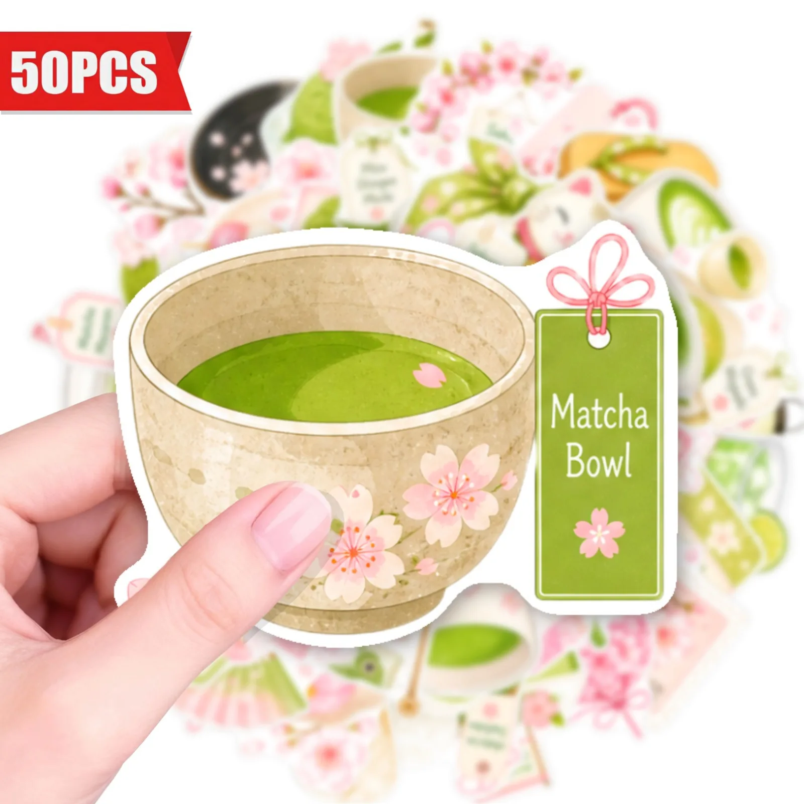 50Pcs Japanese Matcha Sakura Stickers Waterproof Decals Aesthetic Decor for Water Bottle Laptop Luggage Phone Case DIY Craft