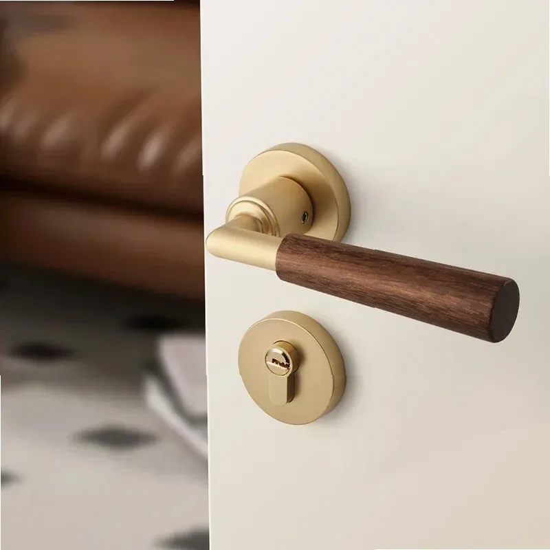 Retro magnetics Silent Door Lock Walnut & Gold Handle for Solid Wood Bedroom Doors