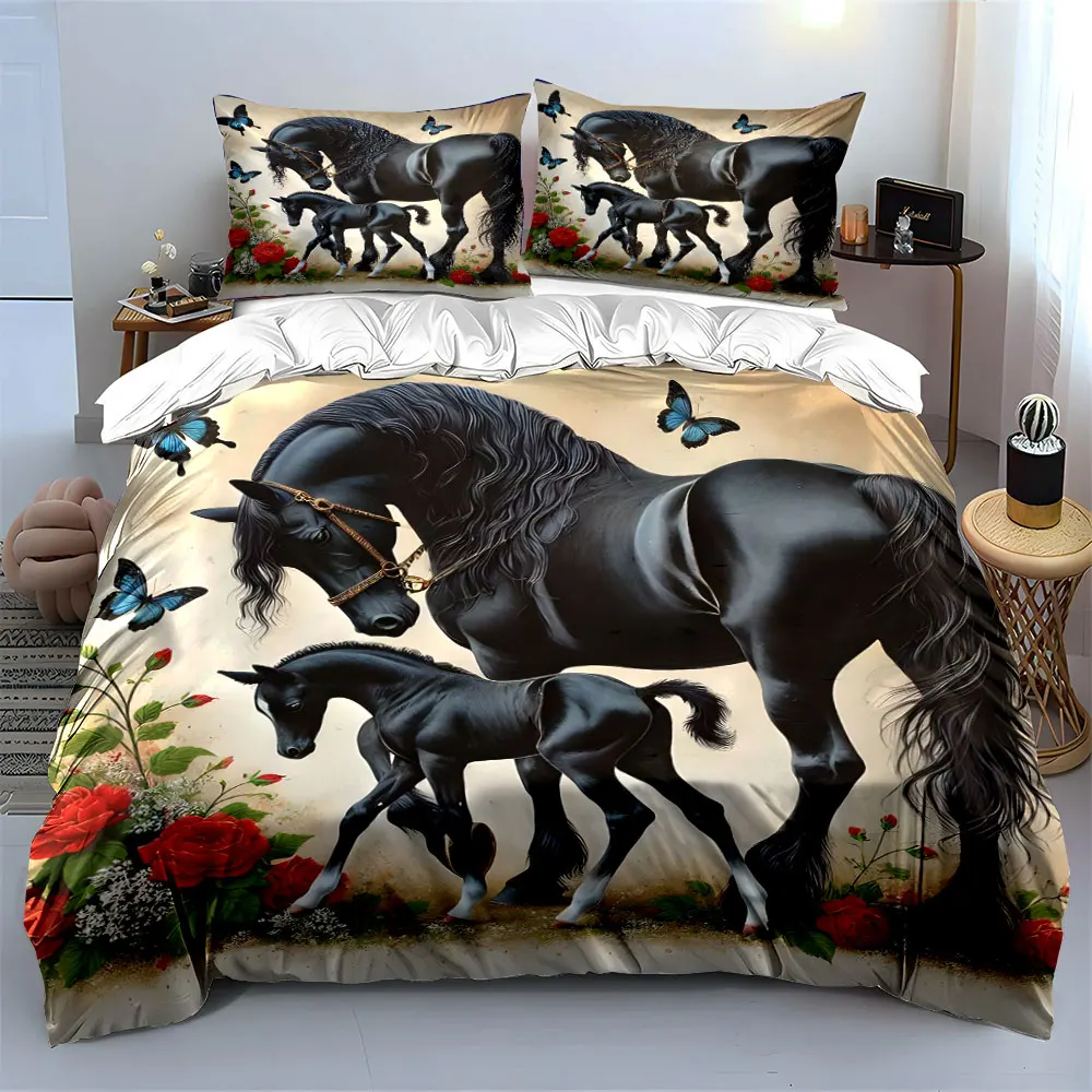 Black horses with butterflies and roses Duvet Cover Set with 3D Printing Design Soft Polyester Bedding Set All-Season Comfort
