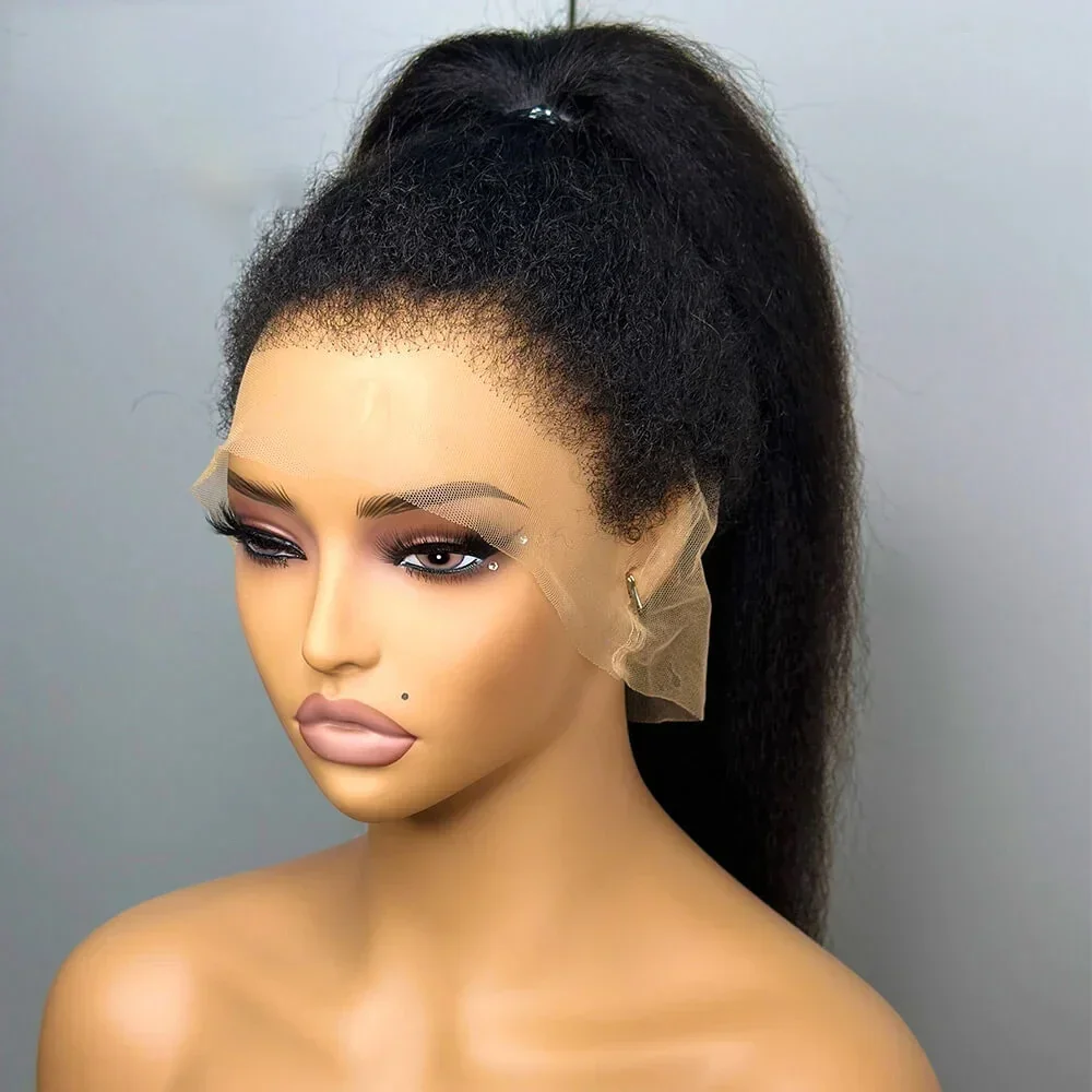 24Inch Long Glueless Kinky Straight Yaki Natural Black Soft 13x4 Lace Front Wig For Women With Baby Hair Preplucked Daily