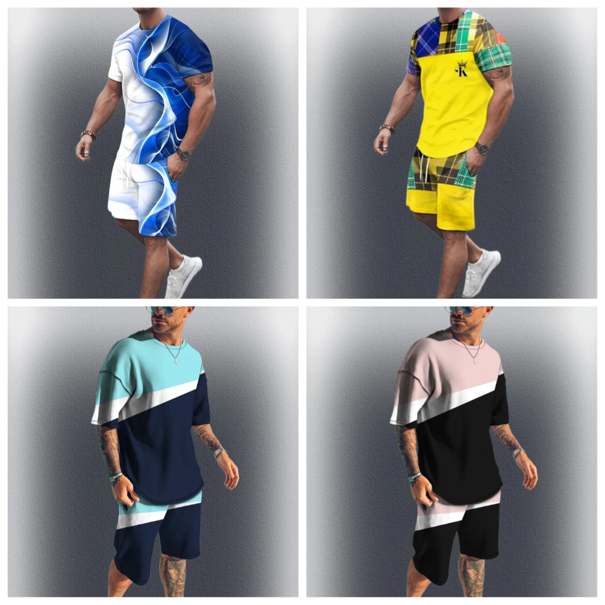 

Модная мужская спортивная футболка с короткими рукавами и шорты, комплект в стиле пэчворк, повседневная одежда, удобная дышащая одежда из материкового Китая